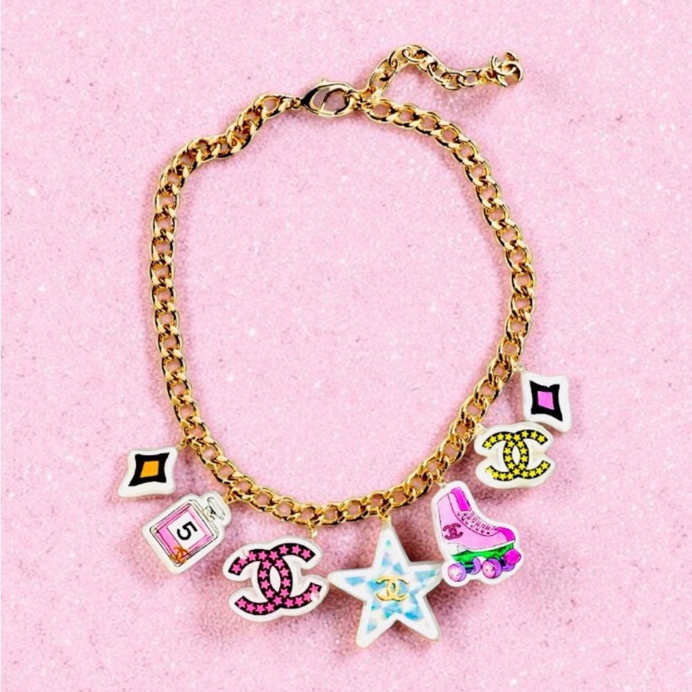 CHANEL Gold Chain Charm Necklace with Pink, White, Yellow & Black Enamel Charms